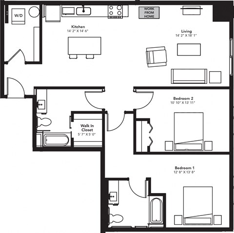 Floor plan for 2 beds, 2 baths, 1285 sqft